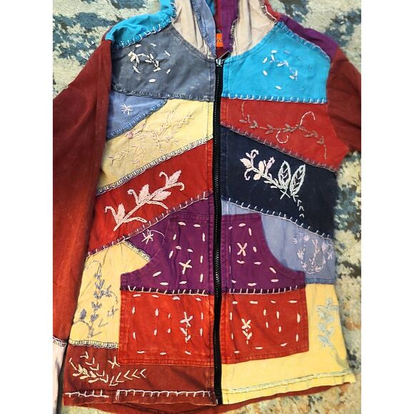 Hippie Boho Zip Up Embroidered Patchwork Hooded Nepal Jacket Size Medium - Picture 2 of 7